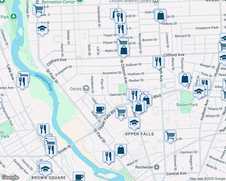 map of restaurants, bars, coffee shops, grocery stores, and more near 2 Schauman Place in Rochester