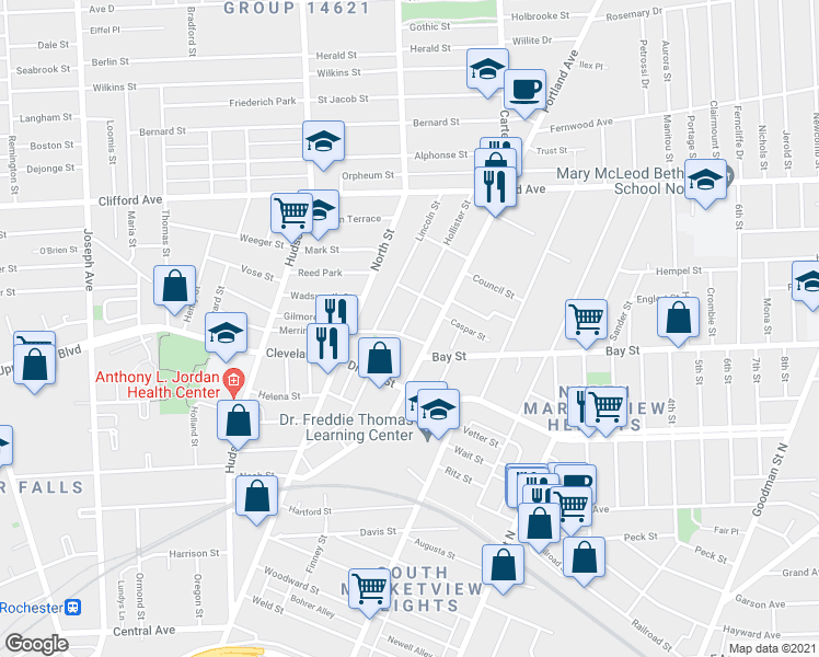 map of restaurants, bars, coffee shops, grocery stores, and more near 270 Merrimac Street in Rochester