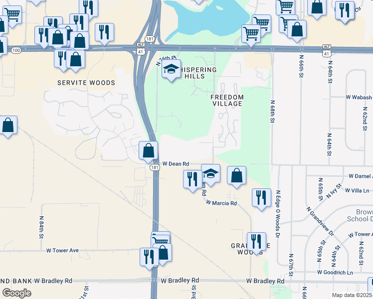 map of restaurants, bars, coffee shops, grocery stores, and more near 7500 West Dean Road in Milwaukee