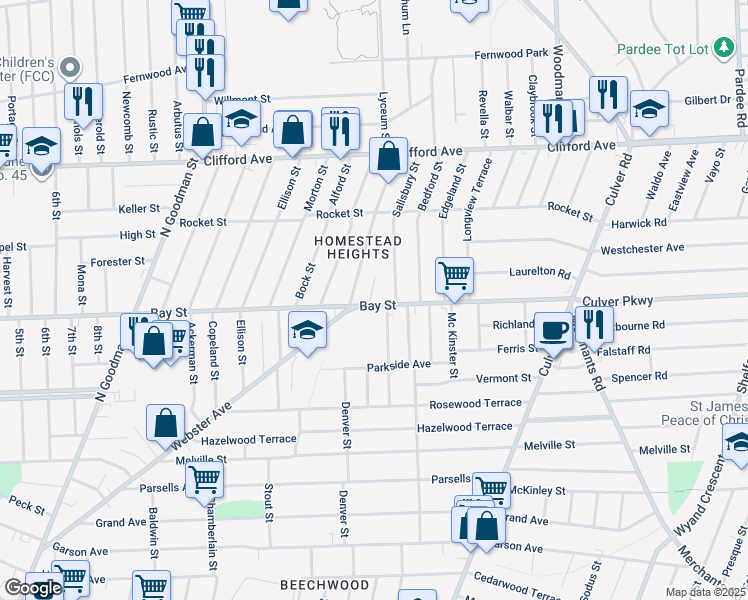 map of restaurants, bars, coffee shops, grocery stores, and more near 926 Bay Street in Rochester