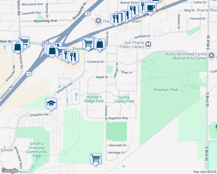 map of restaurants, bars, coffee shops, grocery stores, and more near 1609 Echo Drive in Sun Prairie