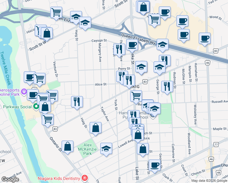 map of restaurants, bars, coffee shops, grocery stores, and more near 163 York Street in St. Catharines