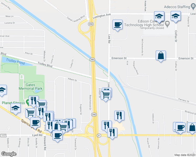 map of restaurants, bars, coffee shops, grocery stores, and more near 369 Trolley Boulevard in Rochester