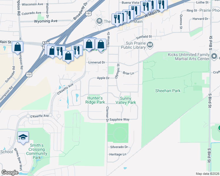 map of restaurants, bars, coffee shops, grocery stores, and more near 1609 Echo Drive in Sun Prairie