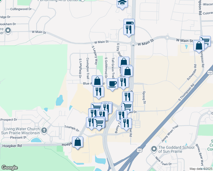 map of restaurants, bars, coffee shops, grocery stores, and more near 10 Blue Aster Boulevard in Sun Prairie