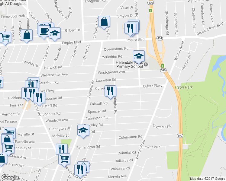 map of restaurants, bars, coffee shops, grocery stores, and more near 405 Culver Parkway in Rochester