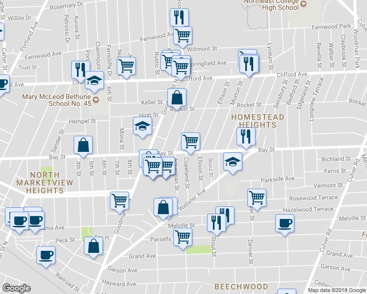 map of restaurants, bars, coffee shops, grocery stores, and more near 15 Cummings Street in Rochester