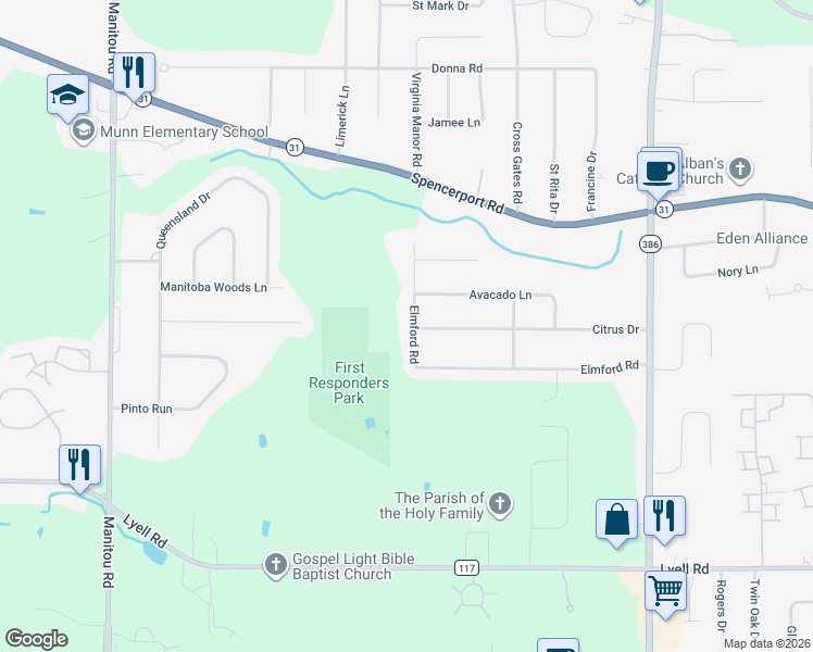 map of restaurants, bars, coffee shops, grocery stores, and more near 71 Elmford Road in Rochester