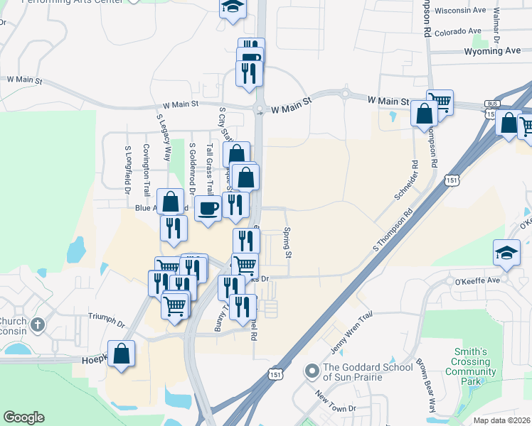 map of restaurants, bars, coffee shops, grocery stores, and more near 620 Spring St in Sun Prairie