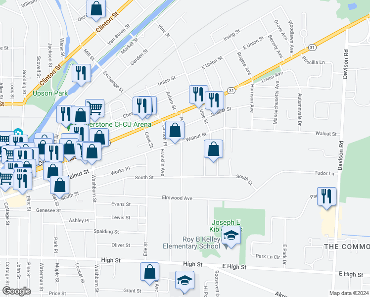 map of restaurants, bars, coffee shops, grocery stores, and more near 82 Pound Street in Lockport
