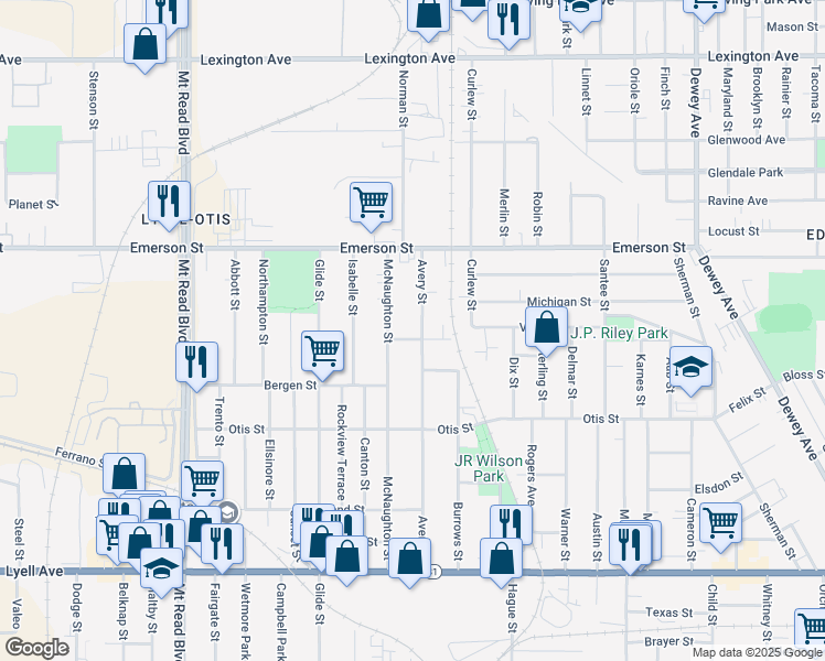 map of restaurants, bars, coffee shops, grocery stores, and more near 329 Avery Street in Rochester