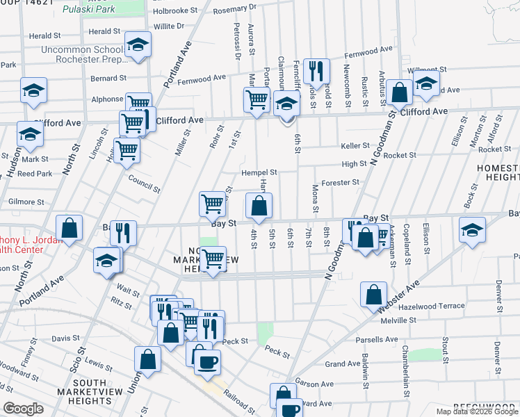 map of restaurants, bars, coffee shops, grocery stores, and more near 25 Harvest Street in Rochester