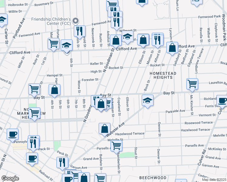 map of restaurants, bars, coffee shops, grocery stores, and more near 15 Cummings Street in Rochester