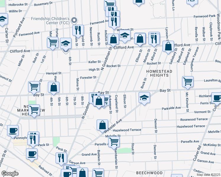 map of restaurants, bars, coffee shops, grocery stores, and more near 15 Cummings Street in Rochester