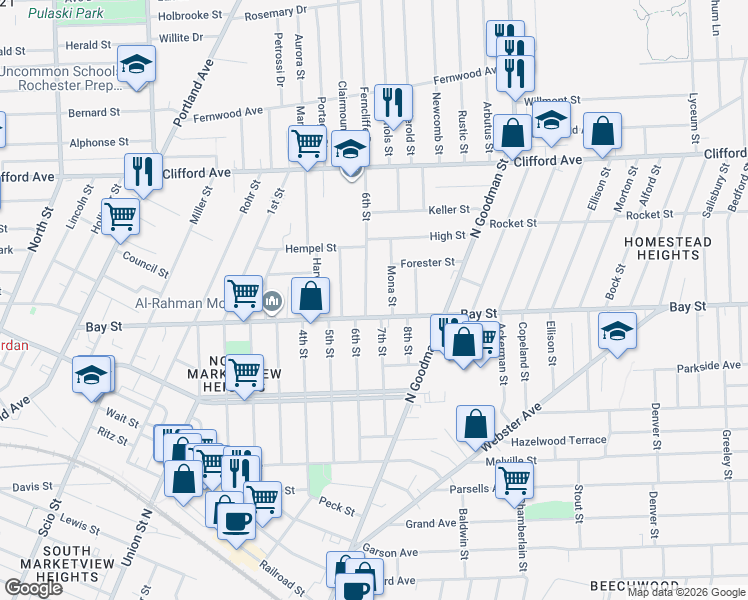 map of restaurants, bars, coffee shops, grocery stores, and more near 238 6th Street in Rochester