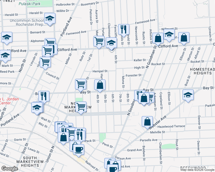 map of restaurants, bars, coffee shops, grocery stores, and more near 26 Crombie Street in Rochester