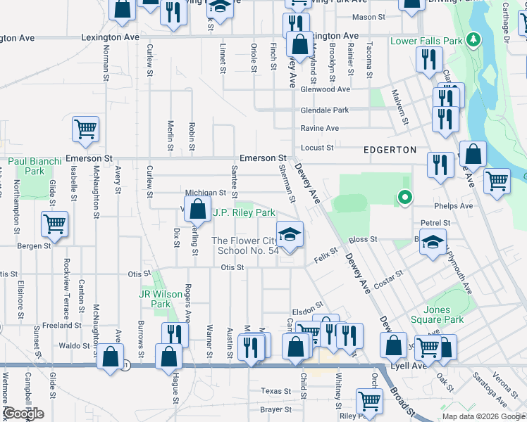 map of restaurants, bars, coffee shops, grocery stores, and more near 12 Willow Street in Rochester