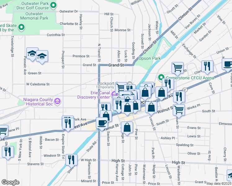 map of restaurants, bars, coffee shops, grocery stores, and more near 45 Ontario Street in Lockport