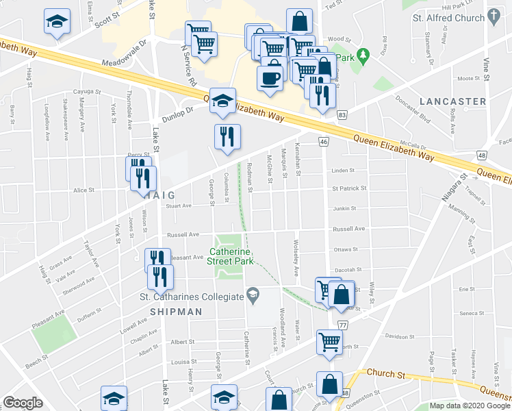 map of restaurants, bars, coffee shops, grocery stores, and more near 32 Rodman Street in St. Catharines