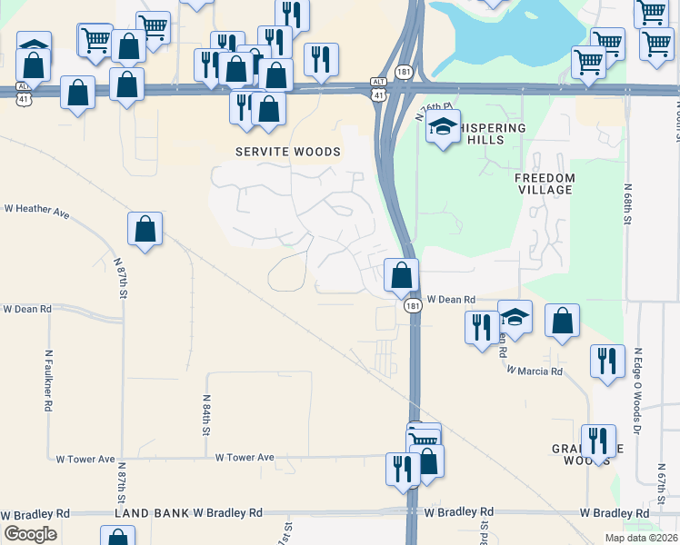 map of restaurants, bars, coffee shops, grocery stores, and more near 8411 North Servite Drive in Milwaukee