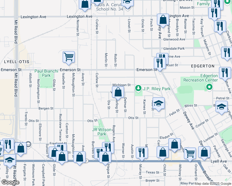 map of restaurants, bars, coffee shops, grocery stores, and more near 115 Sterling Street in Rochester