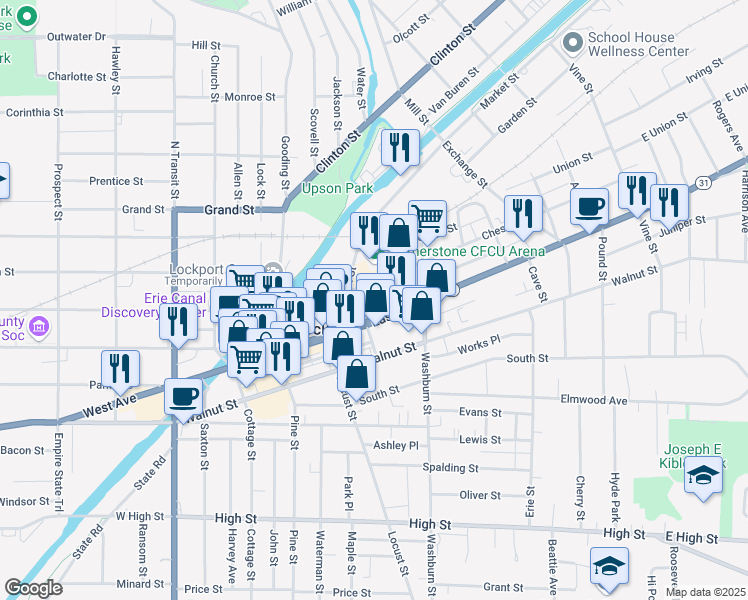 map of restaurants, bars, coffee shops, grocery stores, and more near 37 Chestnut Street in Lockport