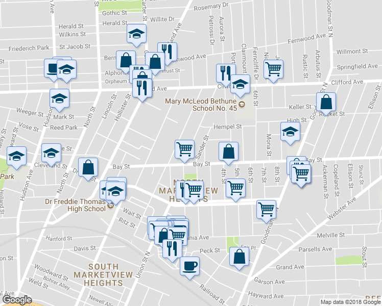 map of restaurants, bars, coffee shops, grocery stores, and more near 252 1st Street in Rochester