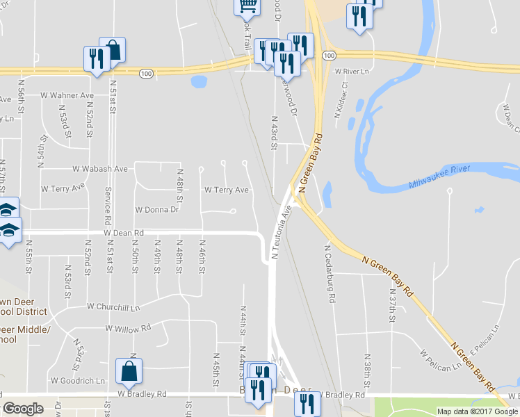 map of restaurants, bars, coffee shops, grocery stores, and more near 8460 North Meadowside Court in Brown Deer