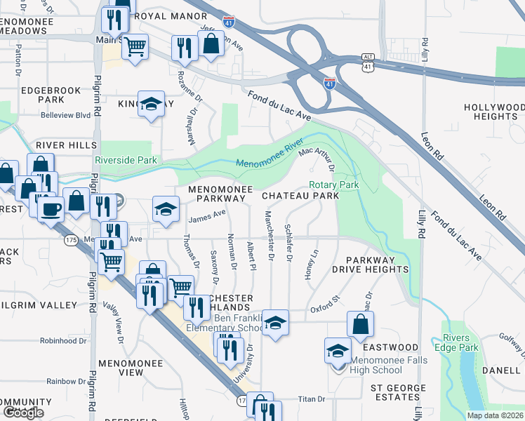 map of restaurants, bars, coffee shops, grocery stores, and more near W147N8463 Manchester Drive in Menomonee Falls