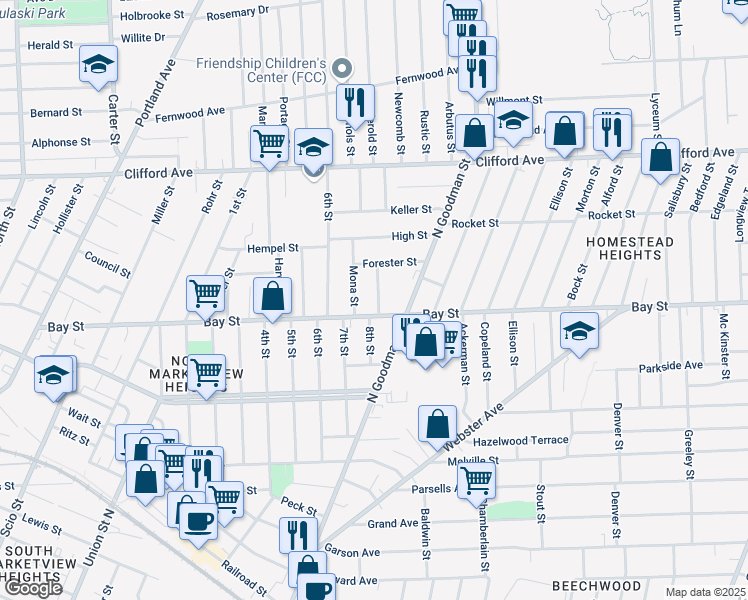 map of restaurants, bars, coffee shops, grocery stores, and more near 21 Frances Street in Rochester