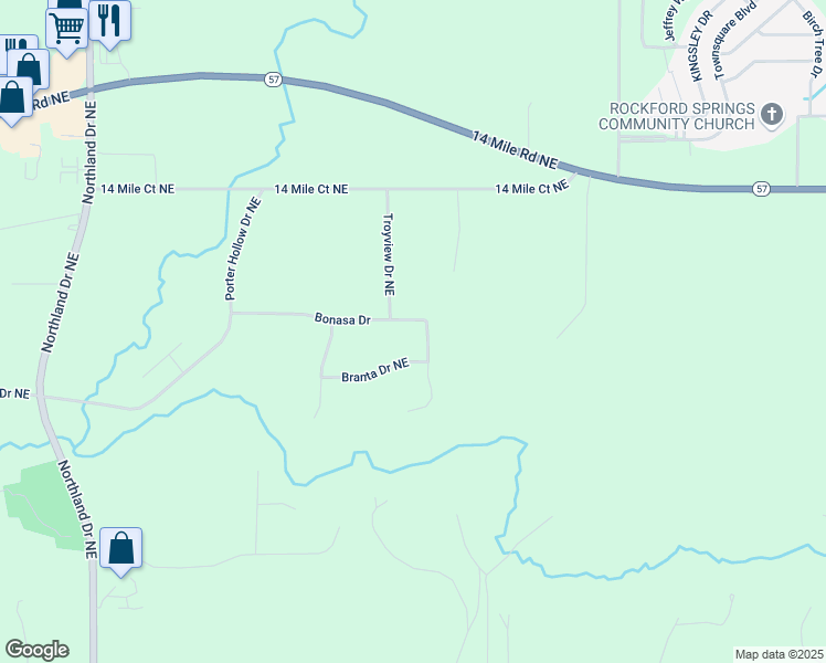 map of restaurants, bars, coffee shops, grocery stores, and more near 5300 Bonasa Drive Northeast in Rockford