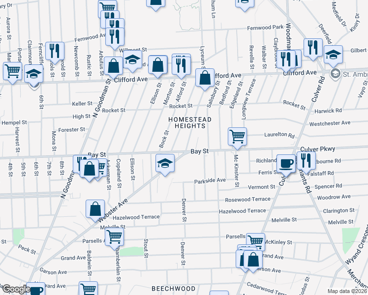 map of restaurants, bars, coffee shops, grocery stores, and more near 9 Pershing Drive in Rochester