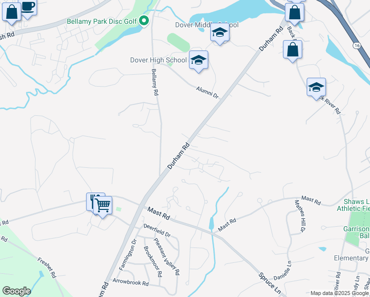 map of restaurants, bars, coffee shops, grocery stores, and more near 1 Dunns Bridge Lane in Dover