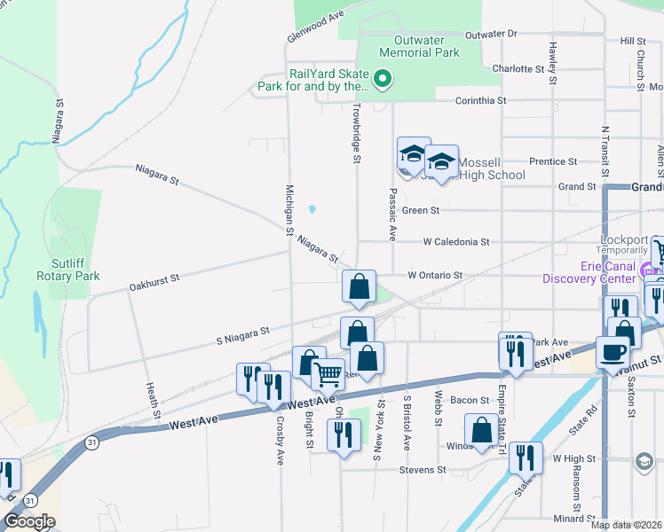 map of restaurants, bars, coffee shops, grocery stores, and more near 420 Niagara Street in Lockport