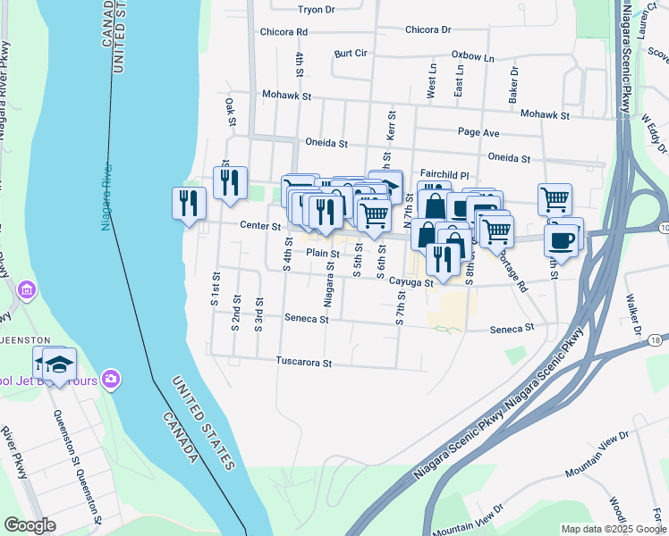 map of restaurants, bars, coffee shops, grocery stores, and more near 170 Niagara Street in Lewiston