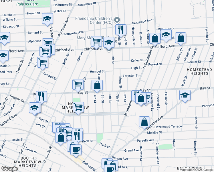 map of restaurants, bars, coffee shops, grocery stores, and more near 26 Crombie Street in Rochester