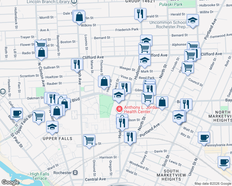 map of restaurants, bars, coffee shops, grocery stores, and more near 20 Edward Street in Rochester