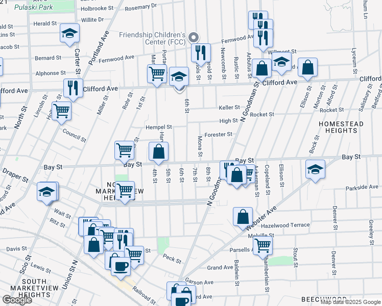 map of restaurants, bars, coffee shops, grocery stores, and more near 238 6th Street in Rochester