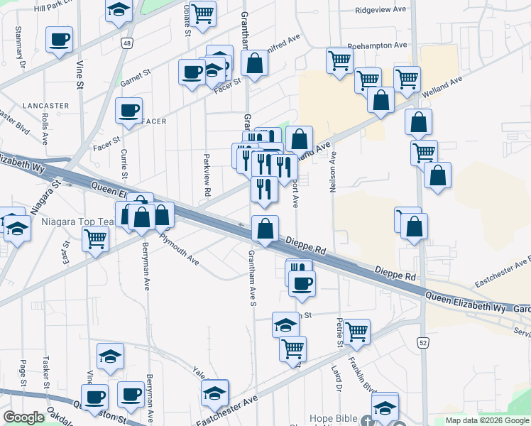 map of restaurants, bars, coffee shops, grocery stores, and more near 99 Dieppe Road in St. Catharines