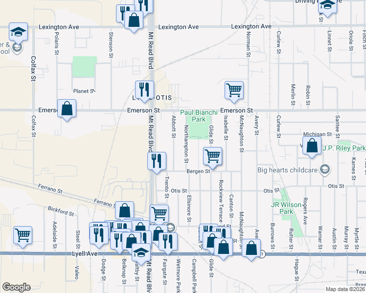 map of restaurants, bars, coffee shops, grocery stores, and more near 73 Northampton Street in Rochester