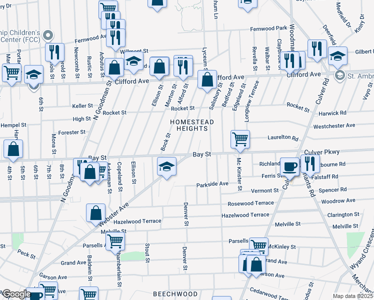 map of restaurants, bars, coffee shops, grocery stores, and more near 9 Pershing Drive in Rochester