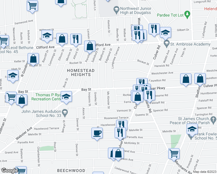 map of restaurants, bars, coffee shops, grocery stores, and more near 1050 Bay Street in Rochester