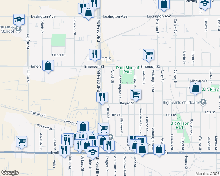 map of restaurants, bars, coffee shops, grocery stores, and more near 75 Abbott Street in Rochester