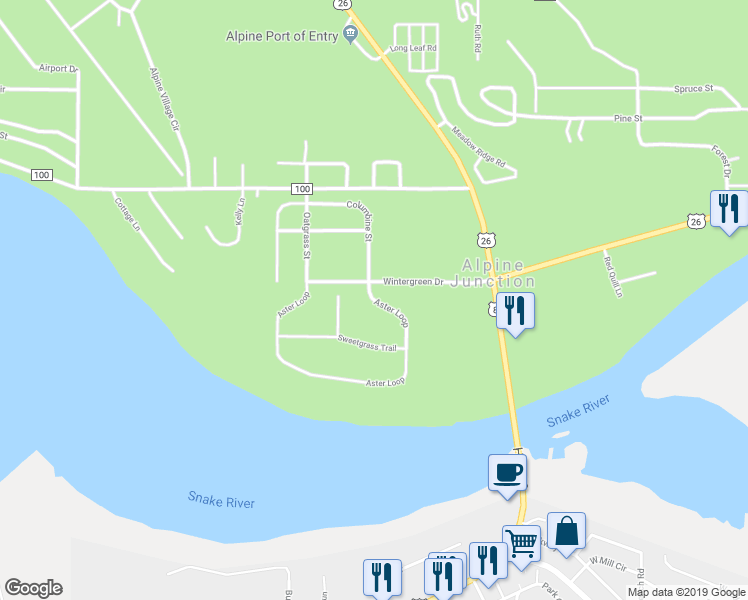 map of restaurants, bars, coffee shops, grocery stores, and more near Aster Loop in Alpine