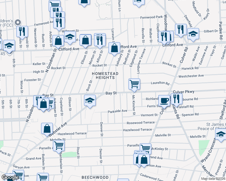map of restaurants, bars, coffee shops, grocery stores, and more near 940 Bay St in Rochester