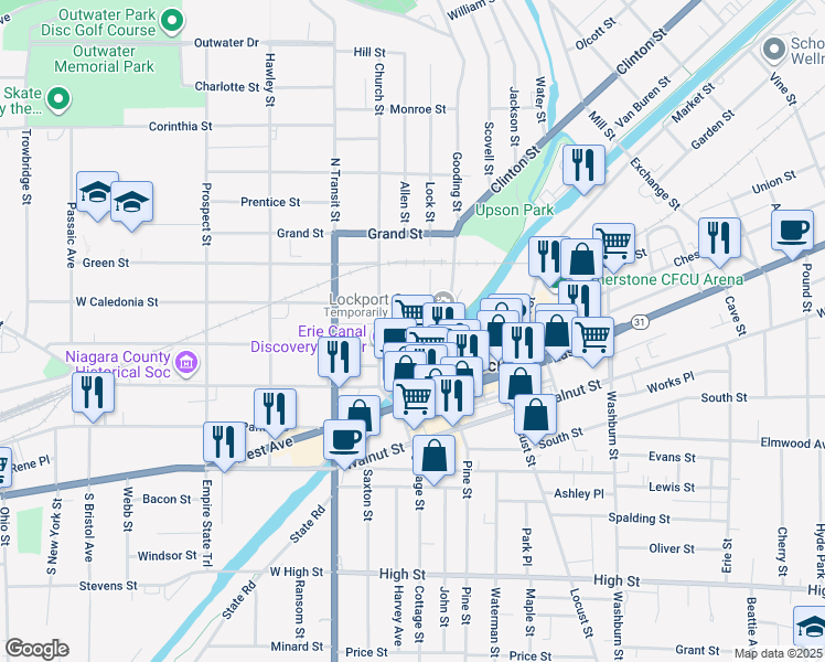 map of restaurants, bars, coffee shops, grocery stores, and more near 33 Ontario Street in Lockport