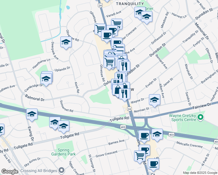 map of restaurants, bars, coffee shops, grocery stores, and more near 44 Oxford Street in Brantford