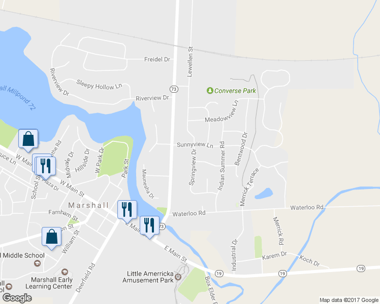 map of restaurants, bars, coffee shops, grocery stores, and more near 311 Springview Drive in Marshall