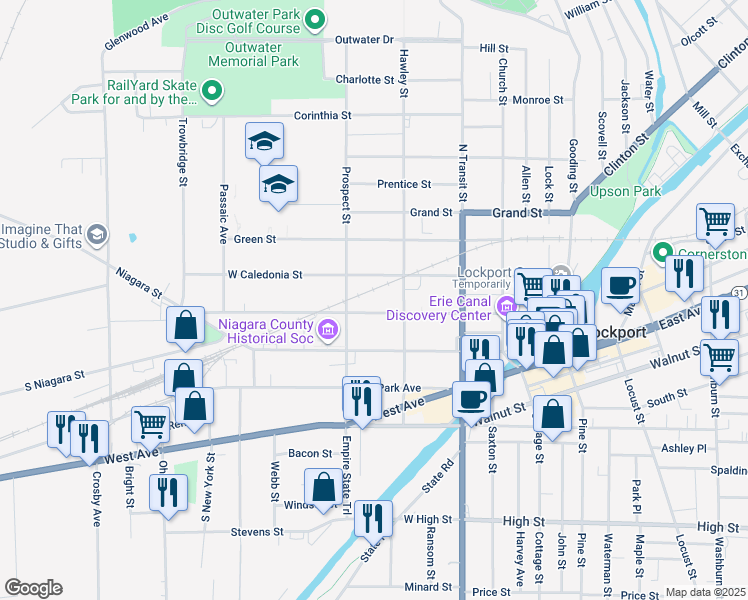 map of restaurants, bars, coffee shops, grocery stores, and more near 199 Ontario Street in Lockport