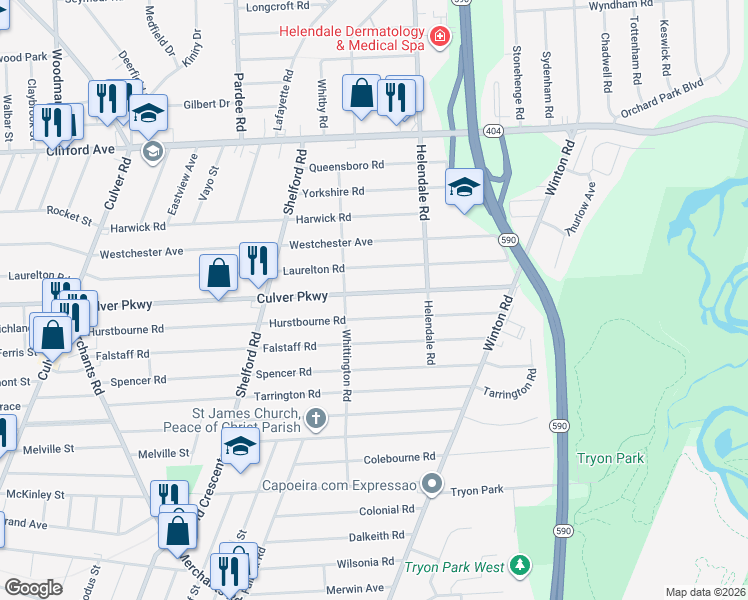 map of restaurants, bars, coffee shops, grocery stores, and more near 449 Culver Parkway in Rochester